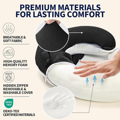 BUYUE Travel Neck Pillows for Airplanes, Memory Foam 360° Head Support Sleep for Long Flight, Skin-Friendly & Breathable, Kit with Eye Mask, Earplugs and Storage Bag (Adult, Black, 90+ lbs)