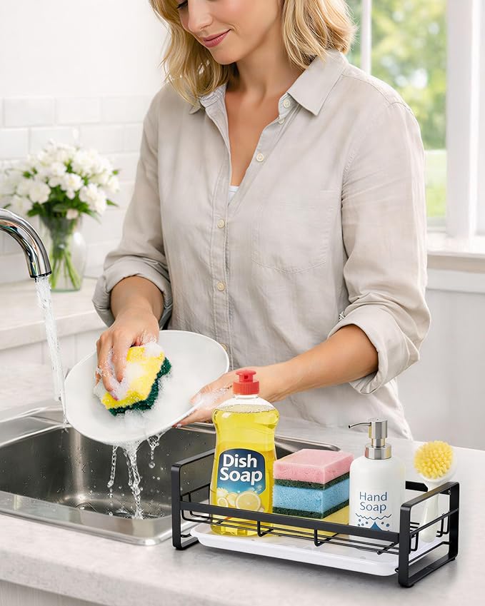 HULISEN Large Sponge Holder, 304 Stainless Steel Kitchen Soap Dispenser Caddy Organizer, Countertop Soap Dish Rack Drainer with Removable Drain Tray, not Including Dispenser and Brush, Black