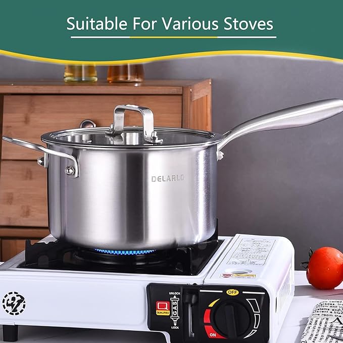 DELARLO Tri-Ply Stainless Steel Saucepan, 3.5 QT Saucepan with Lid, All Stove Compatible 500℉, Induction Sauce Pot, Heavy Duty Saucier, Dishwasher Safe Saucepan, Induction Pot 3.5 Quart, Even Heat