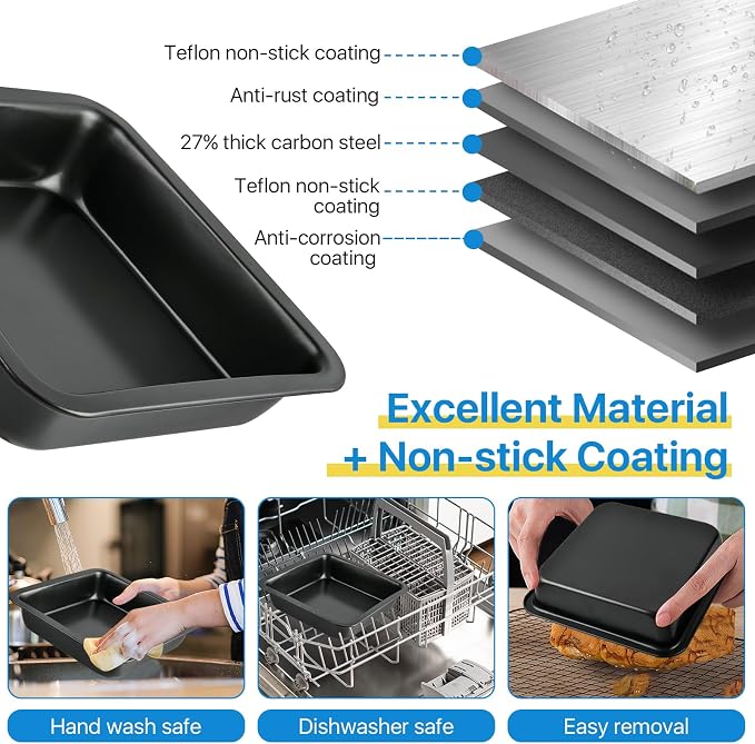 4 Pcs 8x8 Square Baking Pan, Carbon Steel Brownie Pans, Square Cake Pan for Baking Roasting Serving, Nonstick Cake Baking Pan, Square Bakeware for Cakes Lasagna Brownies