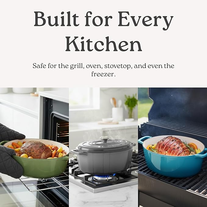 ROSSALLINI Signature Enameled Cast Iron Oval Dutch Oven | Non-Stick Serving Pot with Tight Fitting Lid for Perfect Roasting, Baking, Sauteing, and Bread Making | 8Q [Oyster Grey]