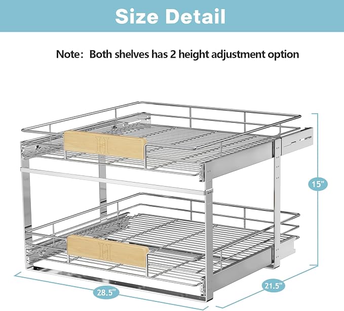 LOVMOR 2 Tier Pull Out Cabinet Organizer 28½" W x 21½" D, Slide Out Drawers with Wooden Handle, Sliding Shelves Organization and Storage for Kitchen, Pantry