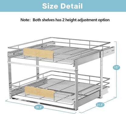 LOVMOR 2 Tier Pull Out Cabinet Organizer 28½" W x 21½" D, Slide Out Drawers with Wooden Handle, Sliding Shelves Organization and Storage for Kitchen, Pantry