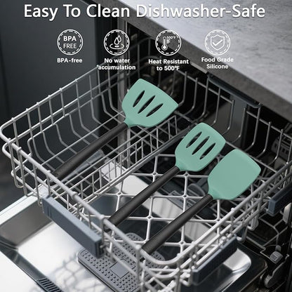 Coukre Silicone Kitchen Cooking Utensils Set with Holder – Heat-Resistant, Food-Grade Kitchen Tools, Spatula, Spoon & Gadgets for Non-Stick Pans, Dishwasher Safe (14, AquaGreen)