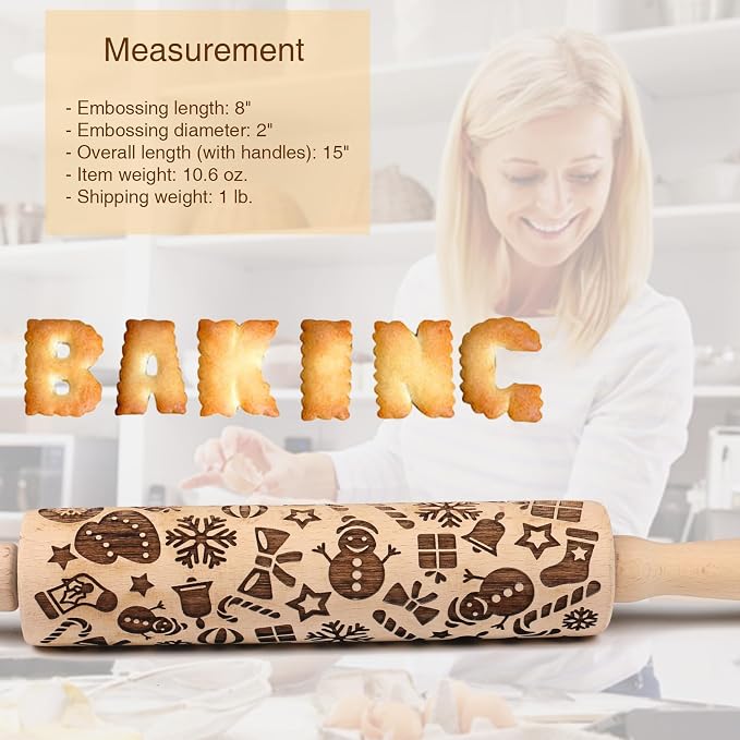 Christmas Embossed Rolling Pin for Baking Cookies Embossing Rolling Pins with Design Wooden Engraved Springerle Roller Pin Dough Patterned Clay Pottery Ceramic Bakers Women Kids (Snowflake & Snowman)