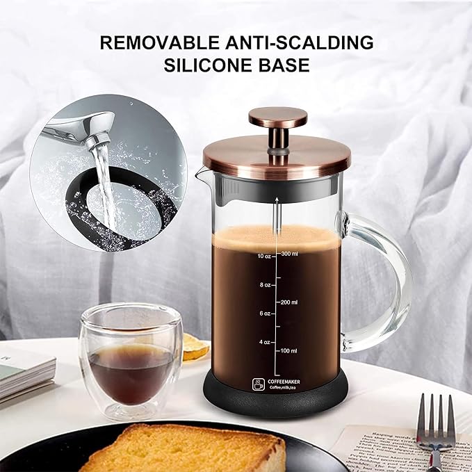 YMMIND French Press Coffee Maker 12 Ounce Espresso Tea Coffee Maker with 4 Filters System, Stainless Steel Plunger and Heat Resistant Borosilicate Glass BPA-Free Brewed Tea Pot Coffee Plunger