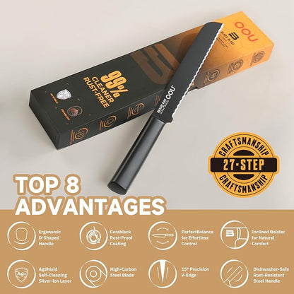 OOU® Black Blade 8 Inch Bread Knife with AgShield™ & Cerablack™ Technology, Rust-Resistant & Easy-Clean Finish, Serrated Edge for Sourdough, Bagels & Cake