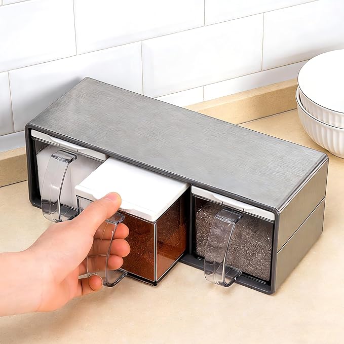 3 Grids Seasoning Organizer Box, Stainless Steel Spice Containers with Lid and Spoon, Storage Rack for Salt, Sugar, Pepper, Spices, Suitable for Home Kitchen and Cafe Use