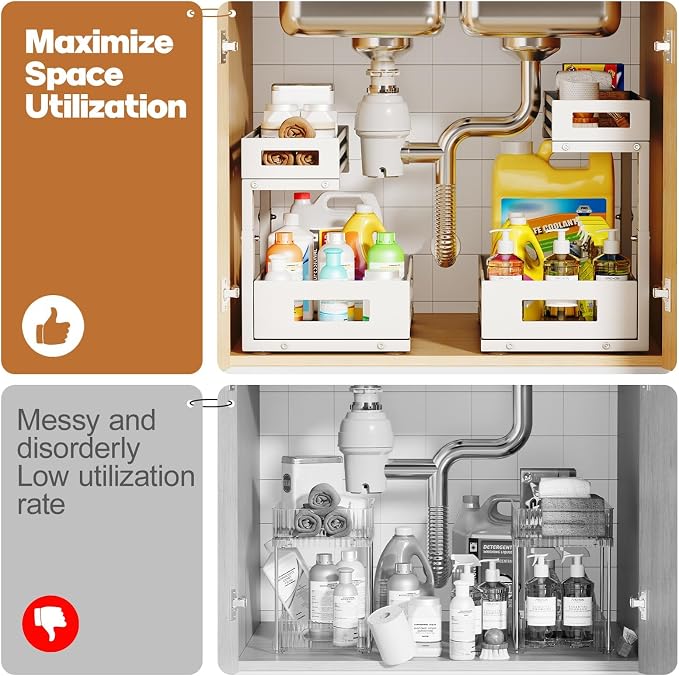 2-Pack Under Sink Organizers and Storage,2-Tier L Shape Pull Out Cabinet Organizer With Round Tube Slide Rails,Hight Adjustable Slide Out Drawers for Kitchen&Bathroom,Multi-Purpose Storage Shelf-White