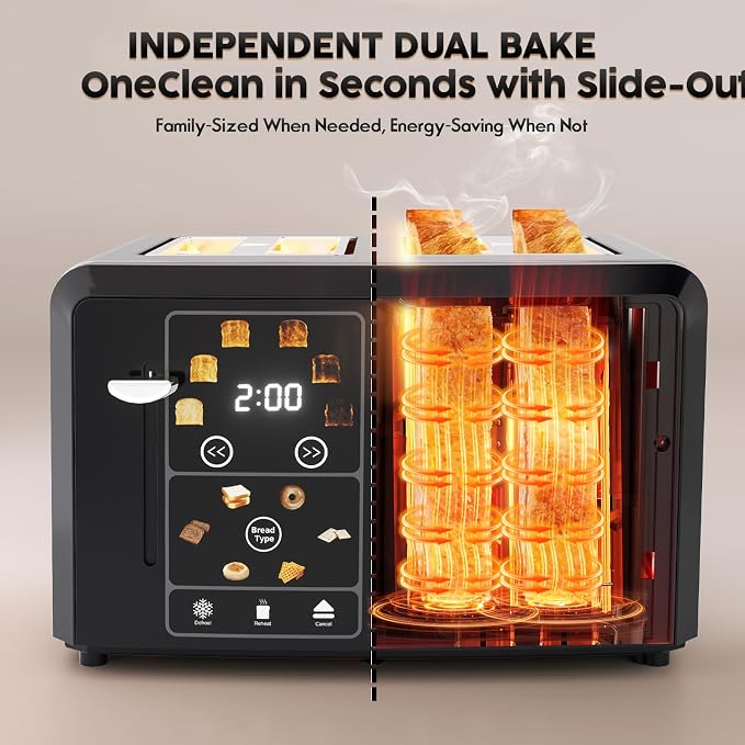 PULZO 4 Slice Toaster Wide Slot, LED Display, Dual Independent Control Panel, 6 Bread Modes, Defrost, Reheat & Timer, Digital Toasters for Bagel Muffin Waffle Gluten Free Breads