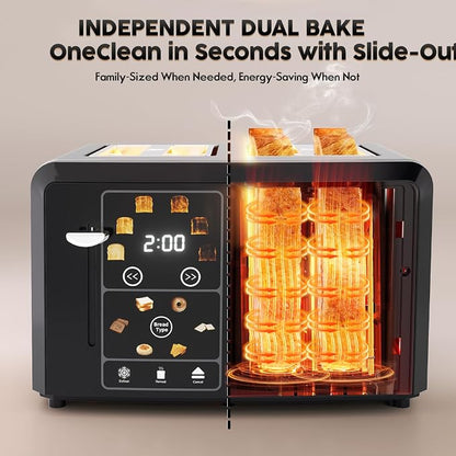 PULZO 4 Slice Toaster Wide Slot, LED Display, Dual Independent Control Panel, 6 Bread Modes, Defrost, Reheat & Timer, Digital Toasters for Bagel Muffin Waffle Gluten Free Breads