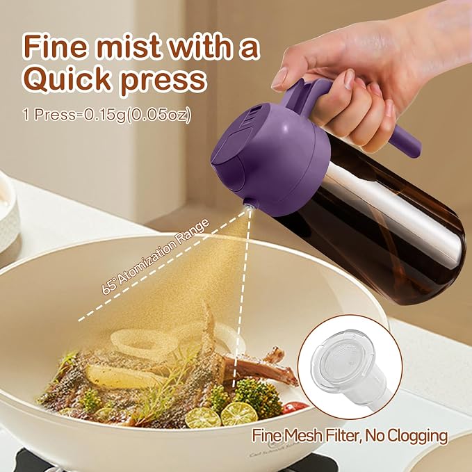 YARRAMATE 2Pcs 16oz/470ml Dark Brown Oil Sprayer for Cooking with Stickers, Food-grade Premium 2 in 1 Olive Oil Dispenser Bottle for Kitchen Gadgets, Air Fryer, Salad, Frying, BBQ (Black&Purple)