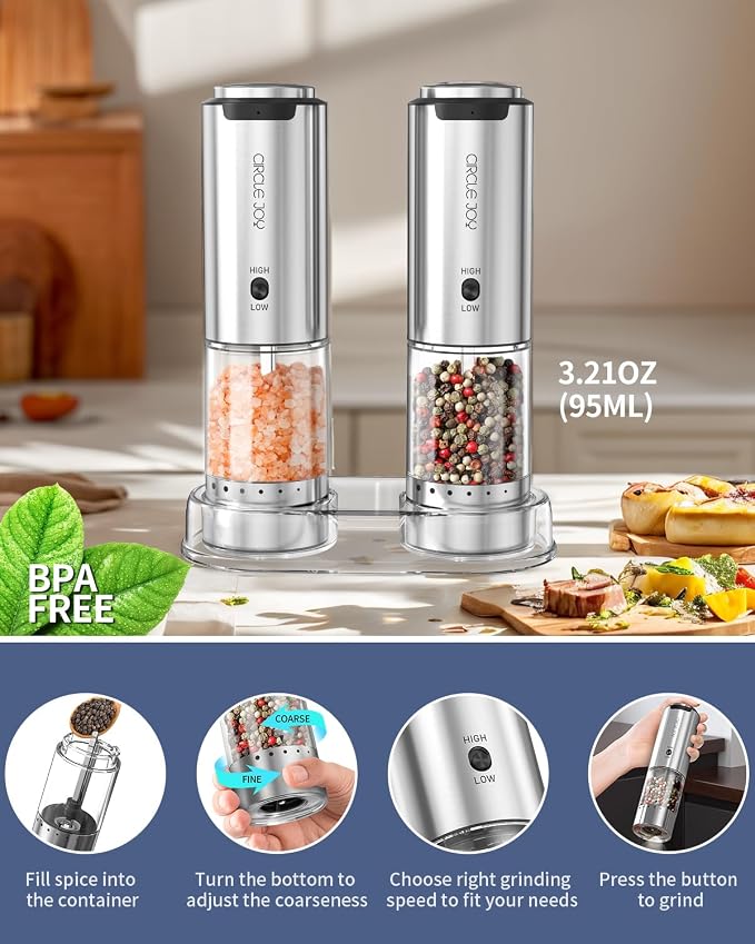 CIRCLE JOY Electric Salt and Pepper Grinder Set Stainless Steel Rechargeable Salt and Pepper Grinder Set, Variable Grinding Speed, External Adjustable Coarseness, Storage Base, White LED Light, Silver