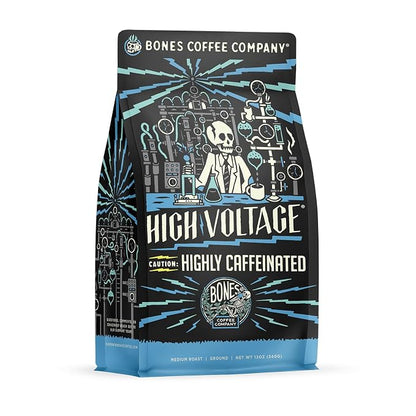 Bones Coffee Company High Voltage, Highly Caffeinated Unflavored Coffee, Medium Roast Low Acid Arabica Beans Compatible with Auto drip and French Press Coffee Maker, 12 Oz Ground