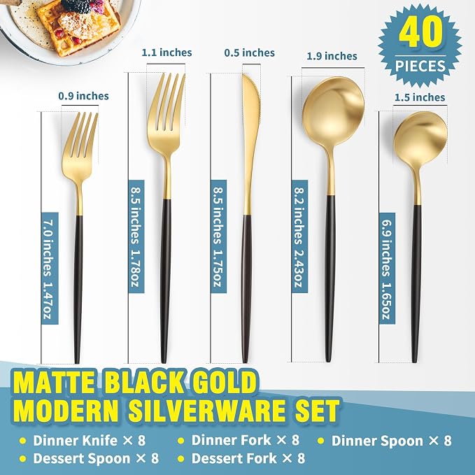 Lemeya Matte Black Gold Silverware Set for 8,Modern Stainless Steel Brushed Cutlery Set,40-Pieces Heavy Duty Flatware Set,Knives Spoons and Forks Set Utensils Set, Satin Finish, Dishwasher Safe