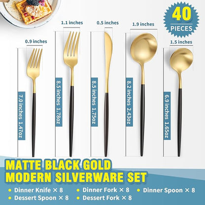 Lemeya Matte Black Gold Silverware Set for 8,Modern Stainless Steel Brushed Cutlery Set,40-Pieces Heavy Duty Flatware Set,Knives Spoons and Forks Set Utensils Set, Satin Finish, Dishwasher Safe