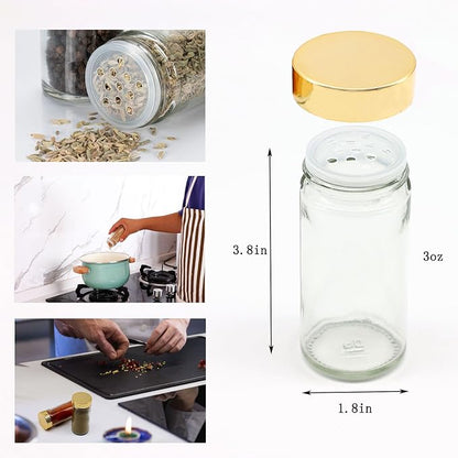 Tianifa 2pcs Gold Spice Jars, 3 oz Glass Seasoning Bottles, Spices Container, Empty Spice Jars, Round Spice Bottles with Airtight Plastic Caps with Shaker Lids (2, gold)