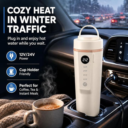 Car Electric Kettle 12V/24V Dual Voltage, Portable Travel Electric Kettle for Road Trips, Mini Small Water Boiler with 4 Temp Control, 316 Stainless Steel,16oz(Beige)