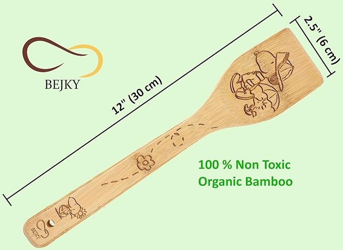 Bejky 6-Pcs Wooden Bamboo Spoons Set - Organic Food Cooking Utensils - Kitchen Accessories and Home Decor - Cookware Gifts for Women - Nonstick Easy Wash Spatulas - 3D Engraved Patterns (Cartoon Dog)