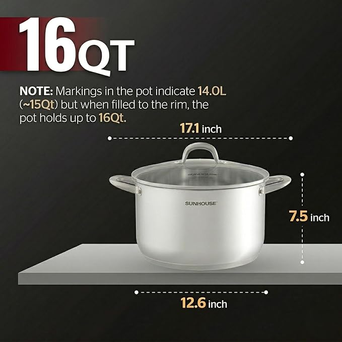 Sunhouse Stock Pot with Lid - 16 QT Large Pot for Cooking Pasta, Soup, Spaghetti - Impact Bonding Base Big Stainless Steel Pots for Canning, Boiling - Oven Safe & Induction Compatible Cookware