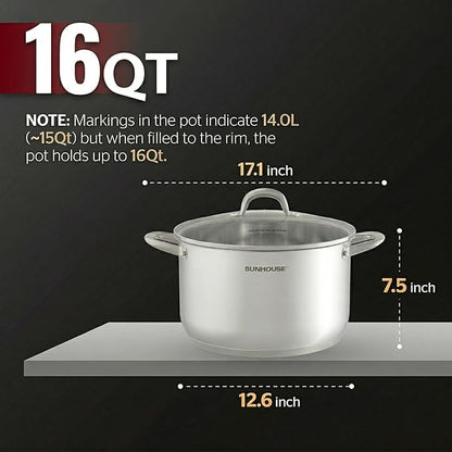 Sunhouse Stock Pot with Lid - 16 QT Large Pot for Cooking Pasta, Soup, Spaghetti - Impact Bonding Base Big Stainless Steel Pots for Canning, Boiling - Oven Safe & Induction Compatible Cookware