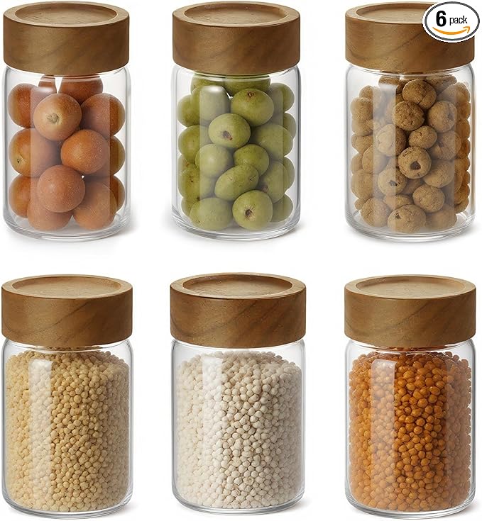 6-Pack 8 fl oz Stackable Airtight Glass Jars (with Acacia Wood Lids + Sticker Labels) – Small Mason Jars designed for overnight oats, spices, dry goods, and kitchen organization.