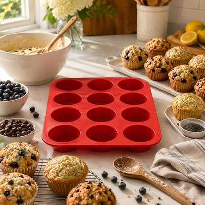 Mrs. Anderson's Baking Silicone 12-Cup Muffin Pan Baking Mold, BPA Free, Non-Stick European-Grade Silicone, 13.5 x 10 x 1.25-Inches