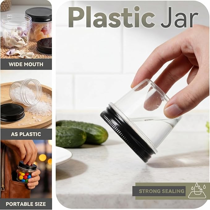 novelinks 4 oz Small Plastic Jars with Lids, 20 Pack Mini Plastic Mason Jars with Lids 4oz, Craft Storage Containers & Canning Jars & Small Spice Jars for Kitchen Organization (20 Pack,Black)