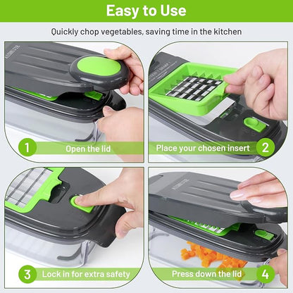 2-in-1 Vegetable Dicer, Onion Chopper with 6.7mm and 13.5mm Dicing Blades, 1.5L Food Prep Container for Salad, Potato, Tomato, Home Kitchen Meal Prep(Greygreen)