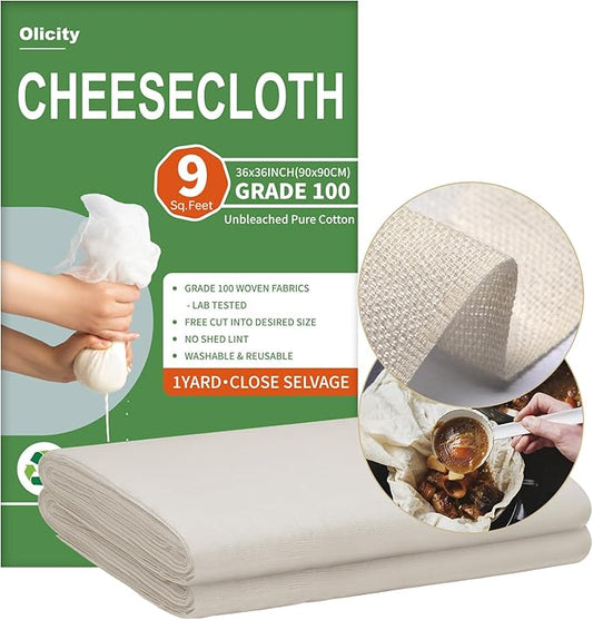 Olicity Cheese Cloths, Grade 100, 36x36Inch, Reusable Cheese Cloth with Closed Edges Fabric Fine Mesh Cloth, Unbleached Cotton Muslin Cheesecloth for Straining, Cooking, Yogurt, Herbs,Crafts - 9 Sq.Ft