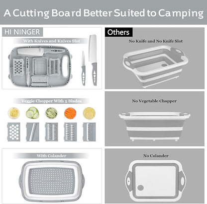 HI NINGER Collapsible Cutting Board with Colander, 9-In-1 Multi Chopping Board Kitchen Vegetable Washing Basket for Camping Gifts Camping Accessories for RV Campers