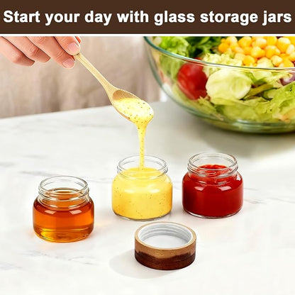 Glass Jars with Airtight Lid, 4 Pack 3oz 80ml Spice Jars with Wooden Lids, Screw Top Covers Glass Coffee Canisters, Small Storage Containers for Sugar, Loose Tea, Beans, Nuts, Candy, Sauce