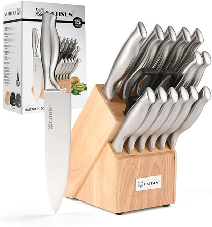 Kitchen Knife Set, 15 Pieces Knife Set with Block, Knives Set for Kitchen, Silver Hollow Ergonomic Handle for Chef Knife Set, Kitchen Shears,Black Knife Block Set