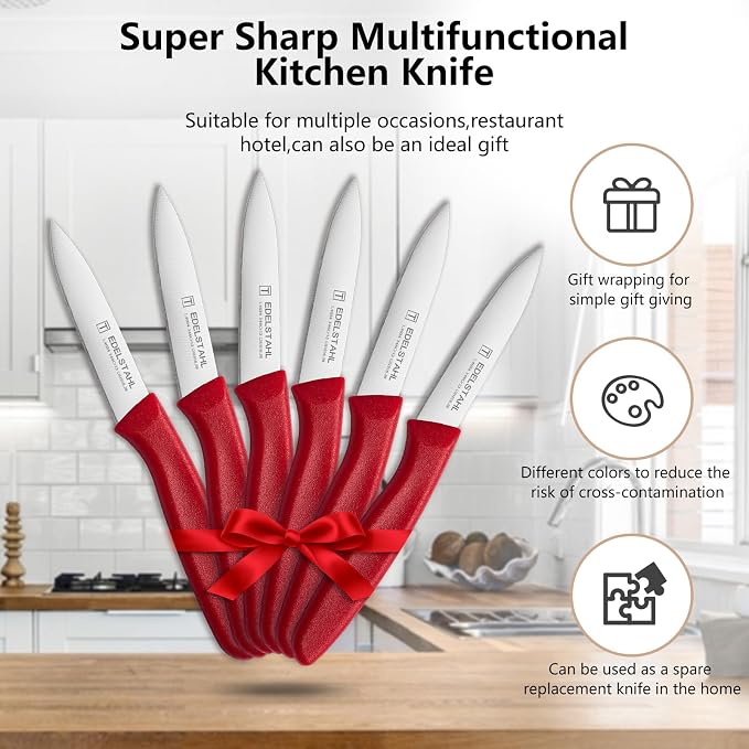 Paring Knives with Straight Edge,Spear Point,Stainless Steel Paring Knife Set of 6,Sharp Small Kitchen Knife for Cutting Vegetable&Fruit,Ergonomic Paring Knife,Red Peeling Knifes