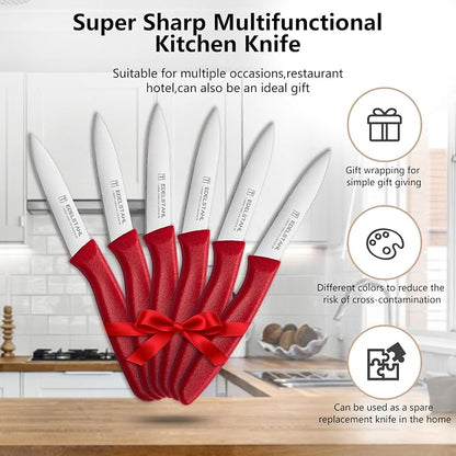 Paring Knives with Straight Edge,Spear Point,Stainless Steel Paring Knife Set of 6,Sharp Small Kitchen Knife for Cutting Vegetable&Fruit,Ergonomic Paring Knife,Red Peeling Knifes