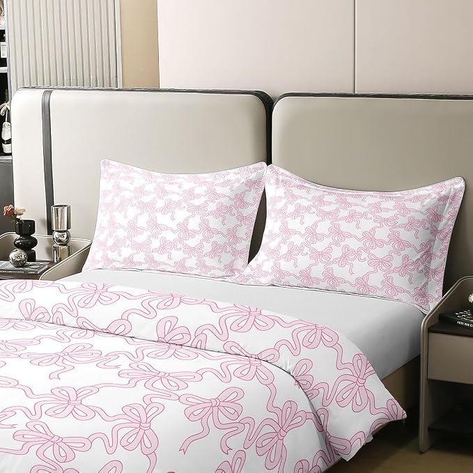 Castle Fairy Full Size Duvet Cover Pink Bowknot 100% Pure Cotton Comforter Cover Kawaii Watercolor Ribbon Bow Bedding Set with 2 Pillowcases (Not Comforter) Coquette Bowtie Quilt Cover