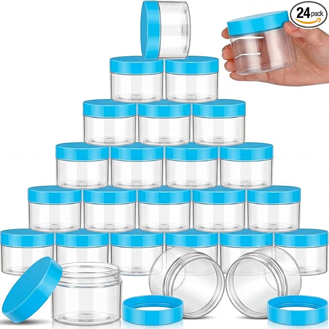 SATINIOR 24 Pieces Empty Clear Plastic Jars with Lids Round Storage Containers Wide Mouth for Beauty Product Cosmetic Cream Lotion Liquid Butter Craft and Food(Blue Lid,6 oz)