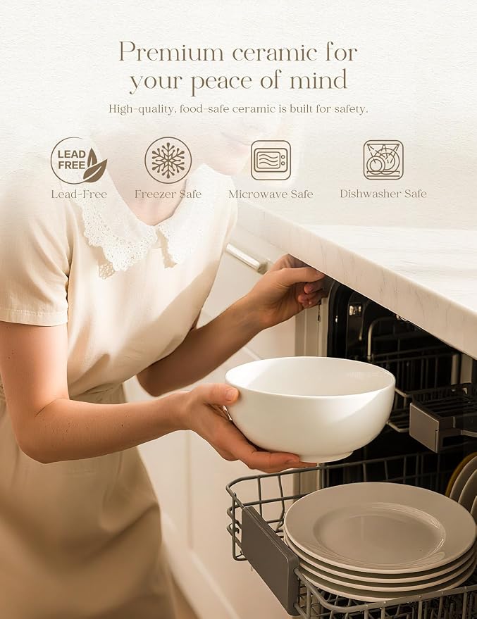AISBUGUR 26 oz Soup Bowls Set of 4 Cereal Bowl: Ramen Bowl Fruit,Salad and Rice Bowl for Kitchenware Set for Dishwasher & Microwave Safe,White Bowls 6in