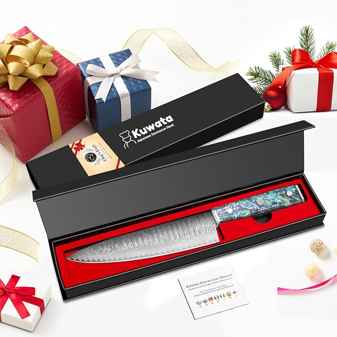 Damascus Chef Knife 8 Inch, Japanese Knife 10Cr15MOV Blade with Hand Forged Hammer Pattern Chef Knife, Hand forged VG-10 steel cooking knife, Ergonomic abalone shell G-10 handle with Gift Box