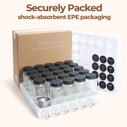 ComSaf Aesthetic Minimalist Glass Spice Jars with Labels, 24Pcs 4oz Empty Spice Containers with 93 Labels, Metal Funnel, Extra Shaker Lids, Square Spice Bottles for Kitchen Organization