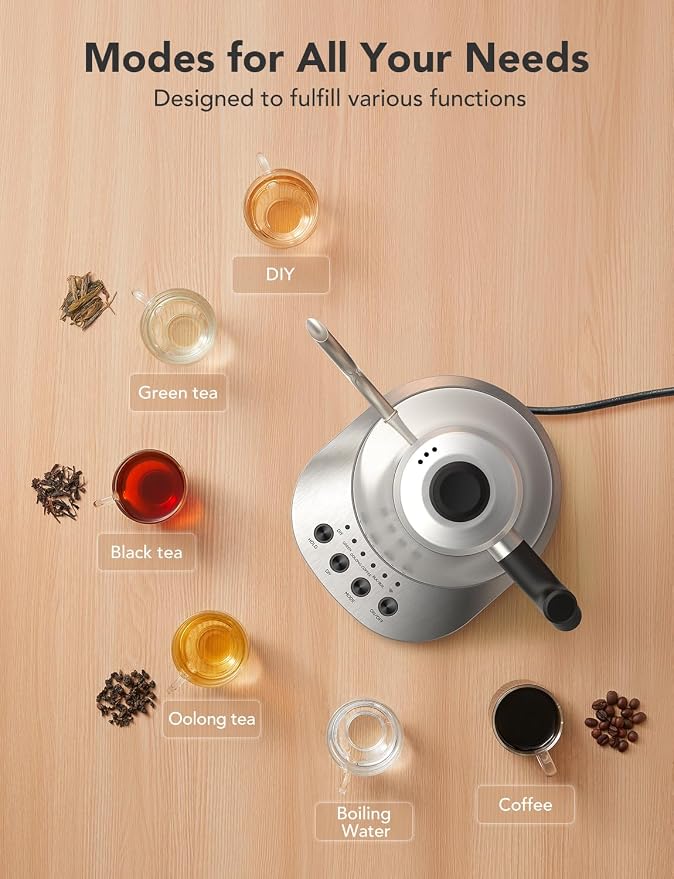 GoveeLife Smart Electric Kettle, 0.8L WiFi Gooseneck Kettle Compatible with Alexa, 5 Modes for Use, 3-minute Fast Heating and 2H Keep Warm, Auto-Shut off for Safety, Stainless Steel, Silver