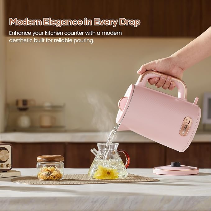 OLEGA Electric Kettle: 1200W Fast Boil Electric Water Kettles, 1.5L Double Wall Stainless Steel Tea Kettle, Auto Shut-Off, BPA-Free Hot Water Boiler Teapot for Coffee & Tea -Light Pink