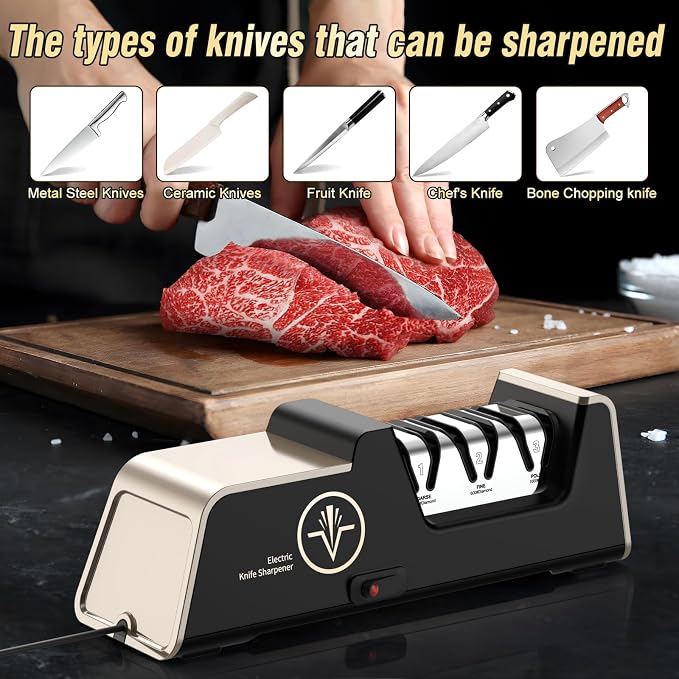 VIDOME Professional Electric Knife Sharpener with 100% Diamond Abrasives, 3-Stage Precision Angle Guides, Champagne Gold, for Kitchen Straight Edge and Ceramic Knives