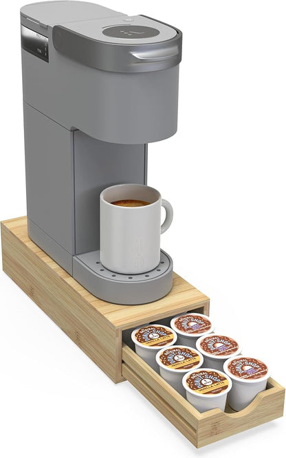 Bamboo Coffee Pod Drawer Organizer Compatible with K-Cups, Under Cabinet Coffee Station Storage Rack, Capsule Holder for 12 Pods, Countertop Coffee Machine Stand, No Assembly Needed
