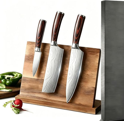 3 PCS Japanese Nakiri Knife Set - Professional High Carbon Stainless Steel Vegetable Cleavers, Ultra Sharp Razor Edge Kitchen Knife with Ergonomic Handle & Gift Box, Multi-purpose Asian Chef Knives