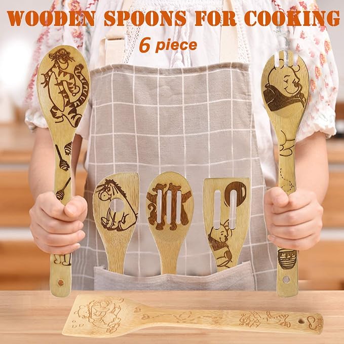Bejky 6-Pcs Wooden Bamboo Spoons Set - Organic Food Cooking Utensils - Kitchen Accessories and Home Decor - Cookware Gifts for Women - Easy Wash Spatulas - 3D Engraved Patterns (Winnie the Bear)