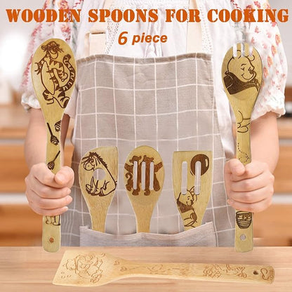 Bejky 6-Pcs Wooden Bamboo Spoons Set - Organic Food Cooking Utensils - Kitchen Accessories and Home Decor - Cookware Gifts for Women - Easy Wash Spatulas - 3D Engraved Patterns (Winnie the Bear)