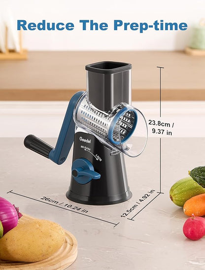 Geedel Rotary Cheese Grater Cheese Shredder - Upgraded 5-in-1 Cheese Grater with Handle and Strong Suction Base, Multi-purpose Vegetable Slicer Ice Shaver Nuts Grinder for Cheese, Vegetables, Ice