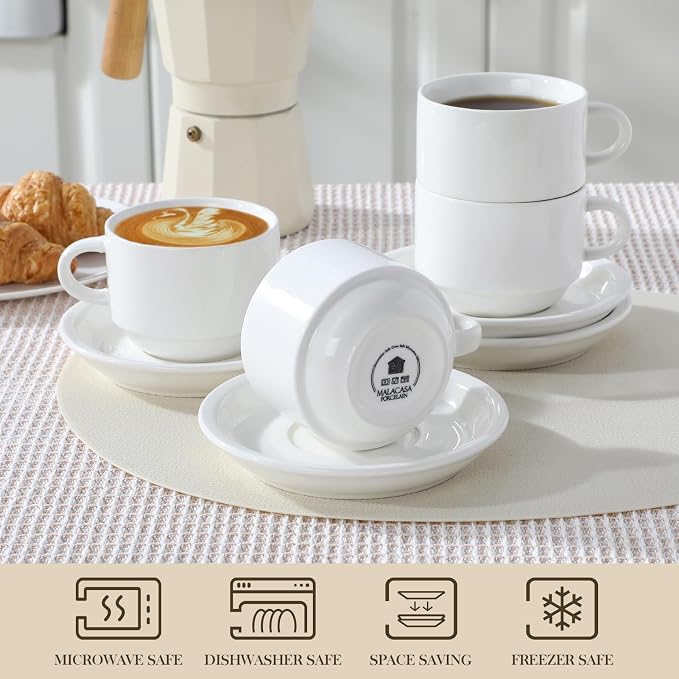 MALACASA 8 OZ Porcelain Espresso Cups with Saucers and Metal Stand Set of 4, Stackable Cappuccino Cups, White Expresso Shots Cup Set for Coffee Drinks, Latte, Tea