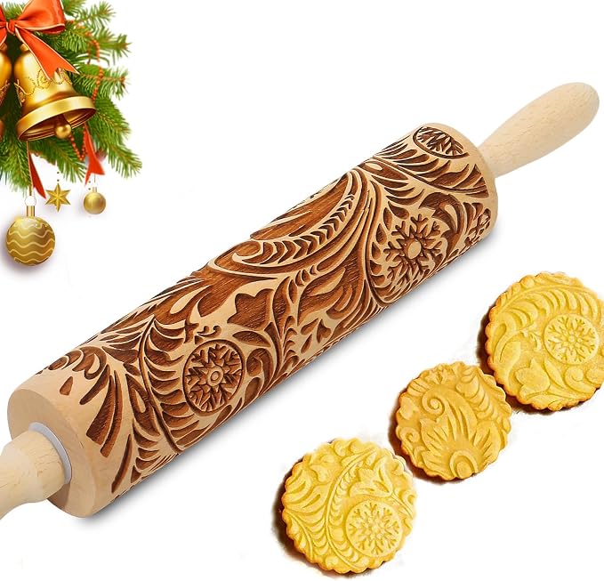 Embossed Rolling Pin for Baking Cookies Christmas Embossing Rolling Pins with Design Wooden Engraved Springerle Roller Pin Dough Patterned Clay Pottery Ceramic Bakers Women (Flower Snowflake Paisley)